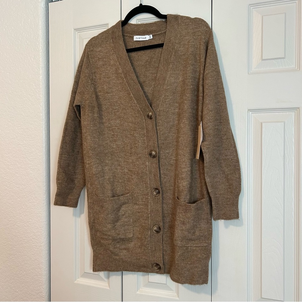 NWT JustFab Tan Button-Up Cardigan Pockets Oversized Fall Cozy Comfy Sz XSmall